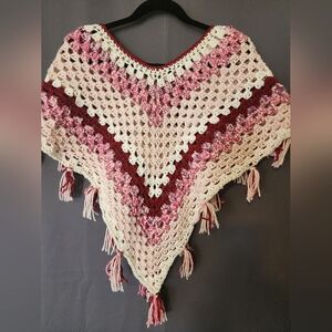 Crochet Poncho, Girl's Large Pink Striped Handmade Crochet Poncho With Fringe